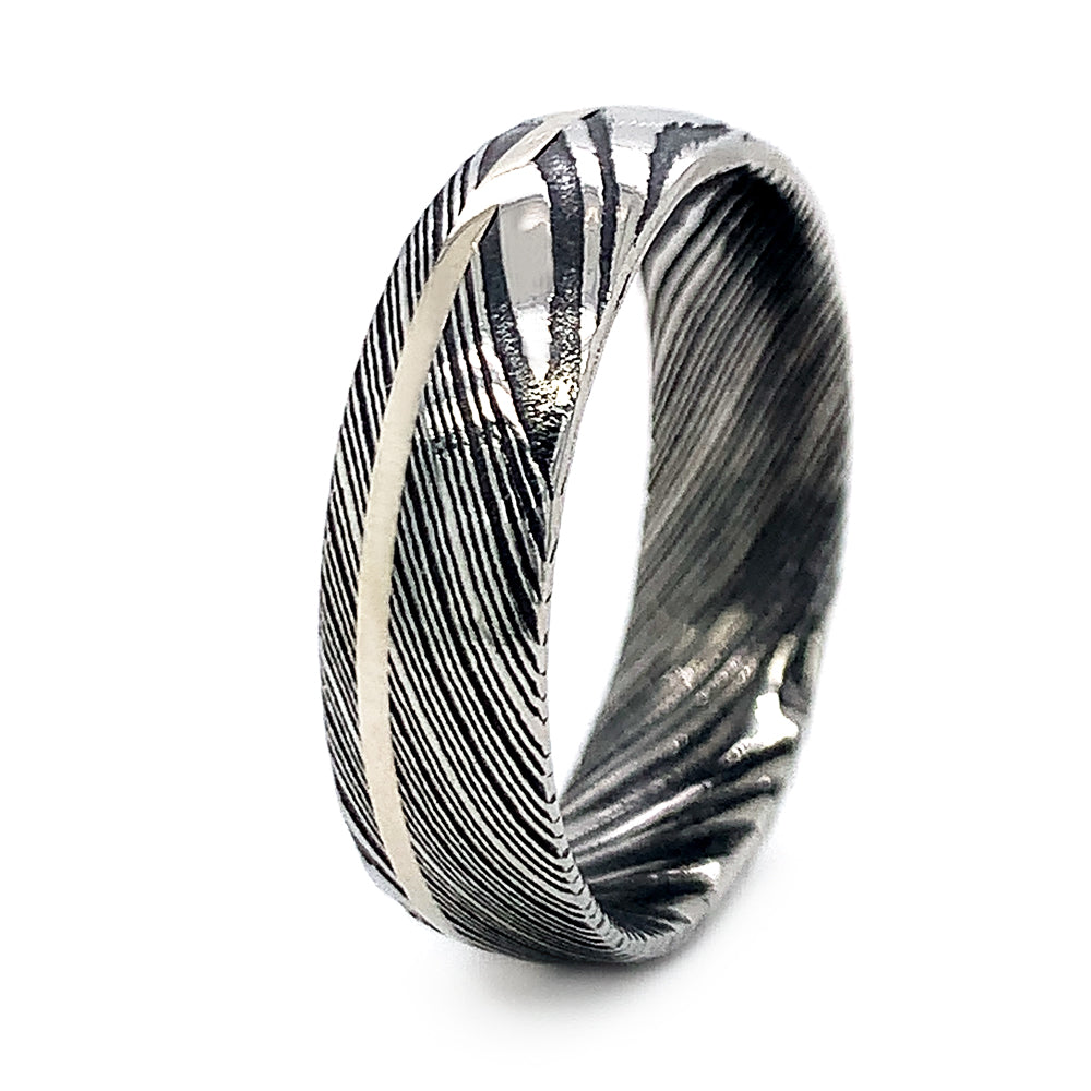 Woodgrain Damascus Steel and White Gold Band