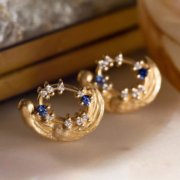 Blue Sapphire & Diamond Yellow Gold Earrings - "Midnight Blue"