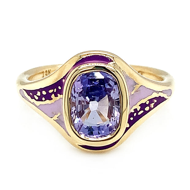 Purple Sapphire & Enamel Ring - "Purple Sgraffito Abstract"