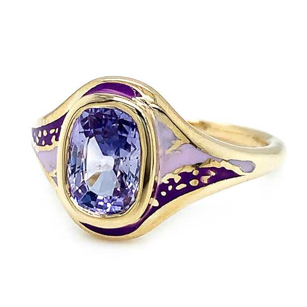 Purple Sapphire & Enamel Ring - "Purple Sgraffito Abstract"