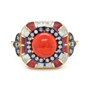 Fire Opal Cabochon, Diamond, & Enamel Ring - "Fireheart"