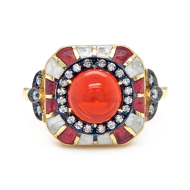 Fire Opal Cabochon, Diamond, & Enamel Ring - "Fireheart"