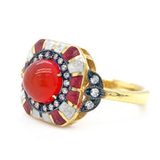 Fire Opal Cabochon, Diamond, & Enamel Ring - "Fireheart"