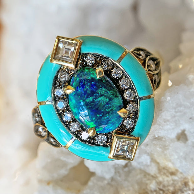 Freeform Opal, Diamond, & Enamel Ring - "Mother Earth"