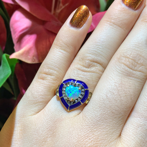 Heart-Shaped Opal, Diamond, & Enamel Ring - "Eternal Flame"