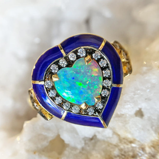 Heart-Shaped Opal, Diamond, & Enamel Ring - "Eternal Flame"