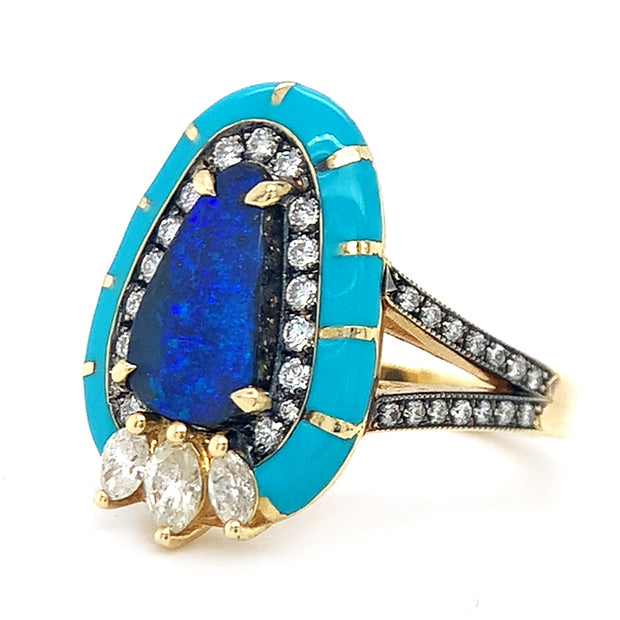 Freeform Opal, Diamond, & Enamel Ring - "Cleopatra"