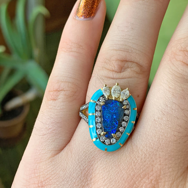 Freeform Opal, Diamond, & Enamel Ring - "Cleopatra"