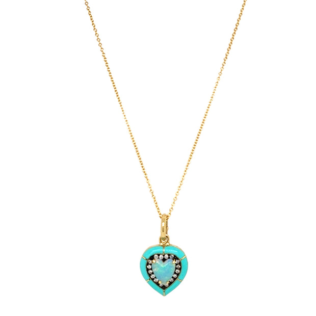 Heart-Shaped Opal, Diamond, & Enamel Necklace - "Turquoise Embrace"