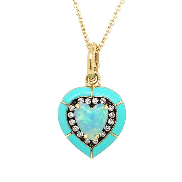 Heart-Shaped Opal, Diamond, & Enamel Necklace - "Turquoise Embrace"