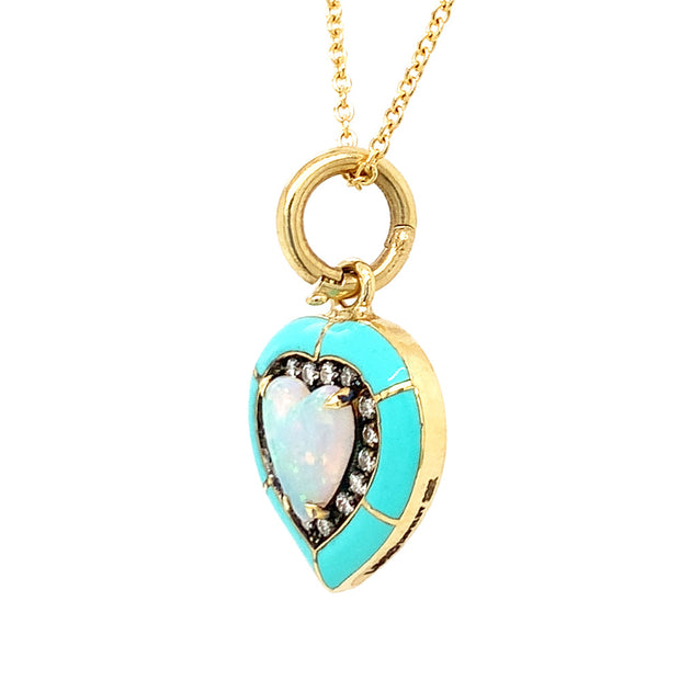 Heart-Shaped Opal, Diamond, & Enamel Necklace - "Turquoise Embrace"