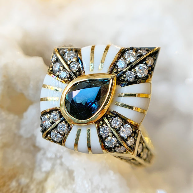 Blue Sapphire, Diamond, & Enamel Ring - "Masquerade"