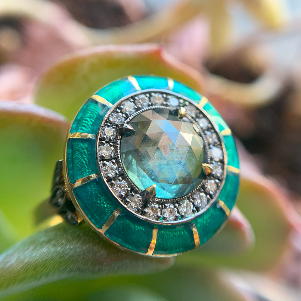 Montana Sapphire, Diamond & Enamel Ring - "Rock Candy Succulent Paradise"