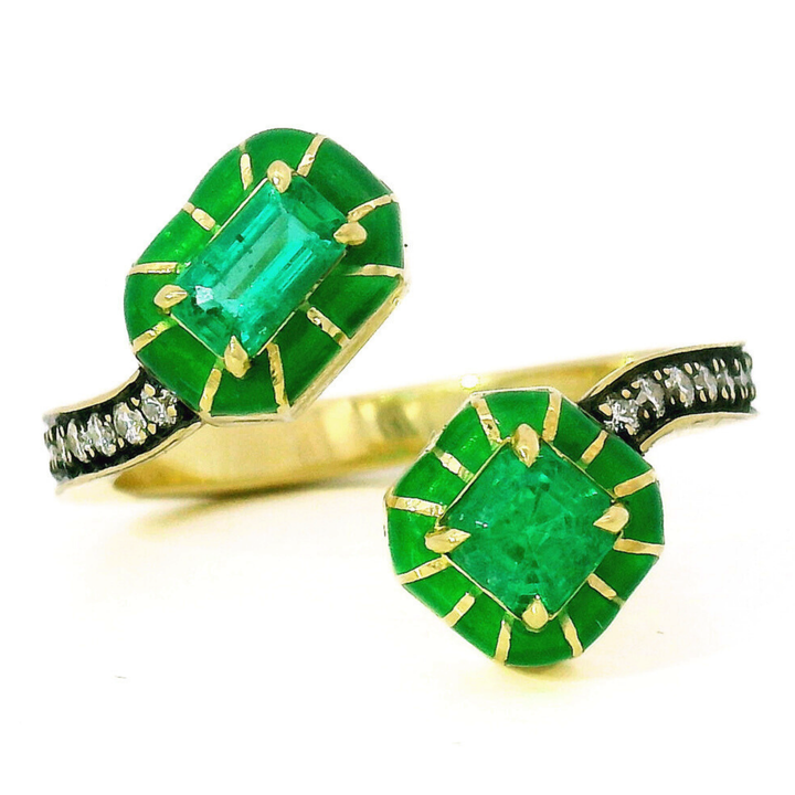 One-of-a-Kind Emerald, Diamond & Enamel Bypass Ring - "Wicked Twist"