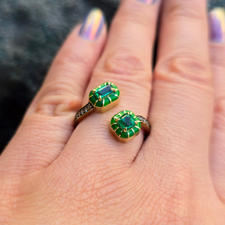 One-of-a-Kind Emerald, Diamond & Enamel Bypass Ring - "Wicked Twist"