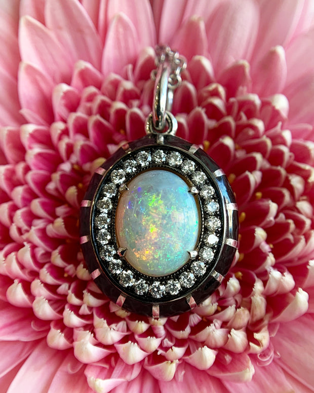 Opal Cabochon, Diamond, & Enamel Necklace - "Rock Candy Daydream"