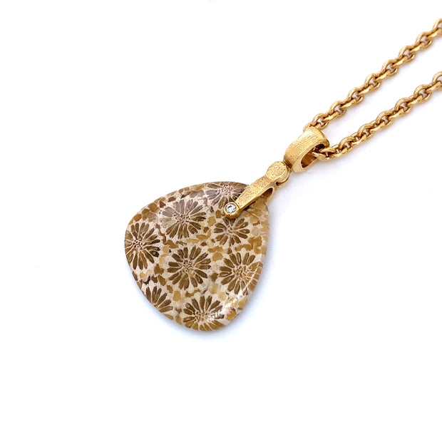 Fossilized Coral & Yellow Gold Pendant - "Sticks & Stones"