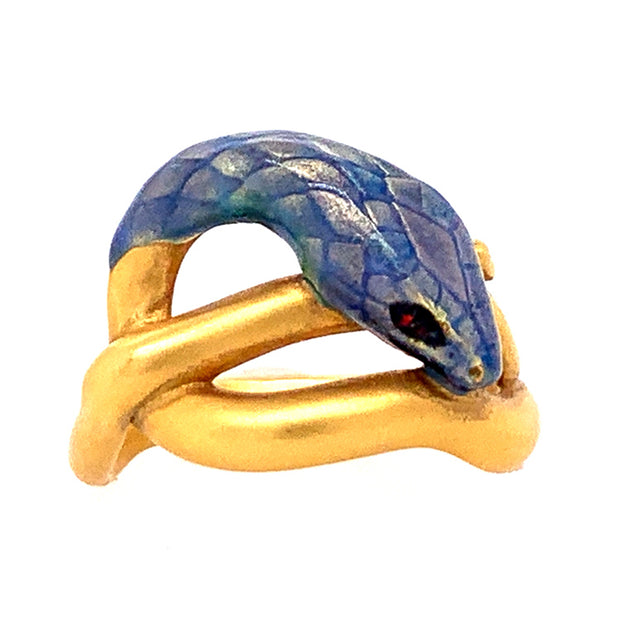 Yellow Gold and Enamel Ring- "The Blue Serpent"