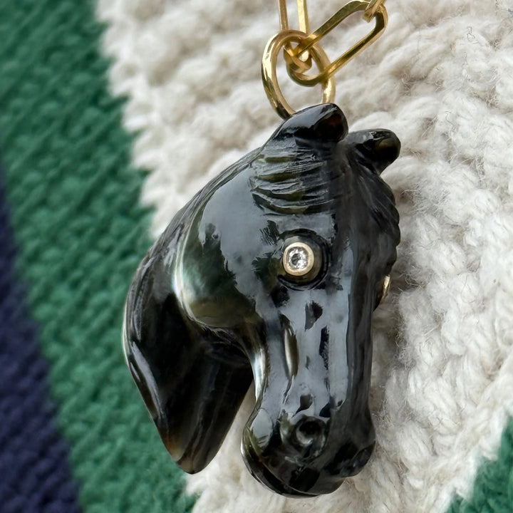 Black Mother-of-Pearl Carved Horse & Diamond Pendant - "Black Beauty"