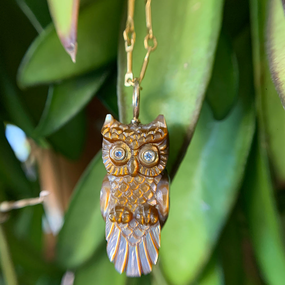 Penguin Wing Oyster Shell & Diamond Pendant - "Copper Owl"