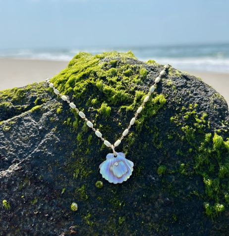 Abalone, Chalcedony & Diamond Pendant - "Luminescent Scallop Shell"