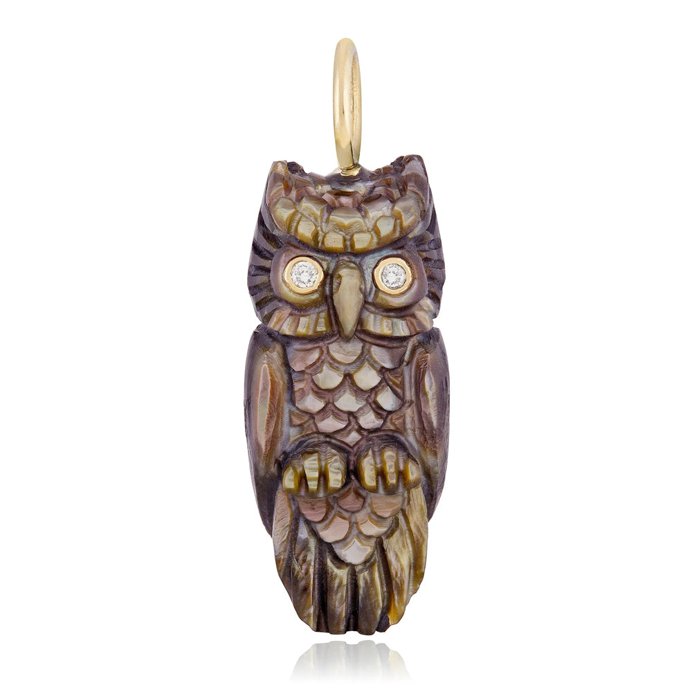 Hand-carved owl pendant by Maura Green in copper oyster shell and 14K gold