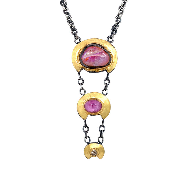 One-of-a-Kind Koroit Opal & Pink Montana Sapphire Cabochon Necklace - "Trapeze"