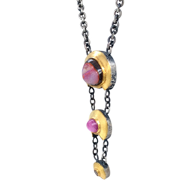 One-of-a-Kind Koroit Opal & Pink Montana Sapphire Cabochon Necklace - "Trapeze"