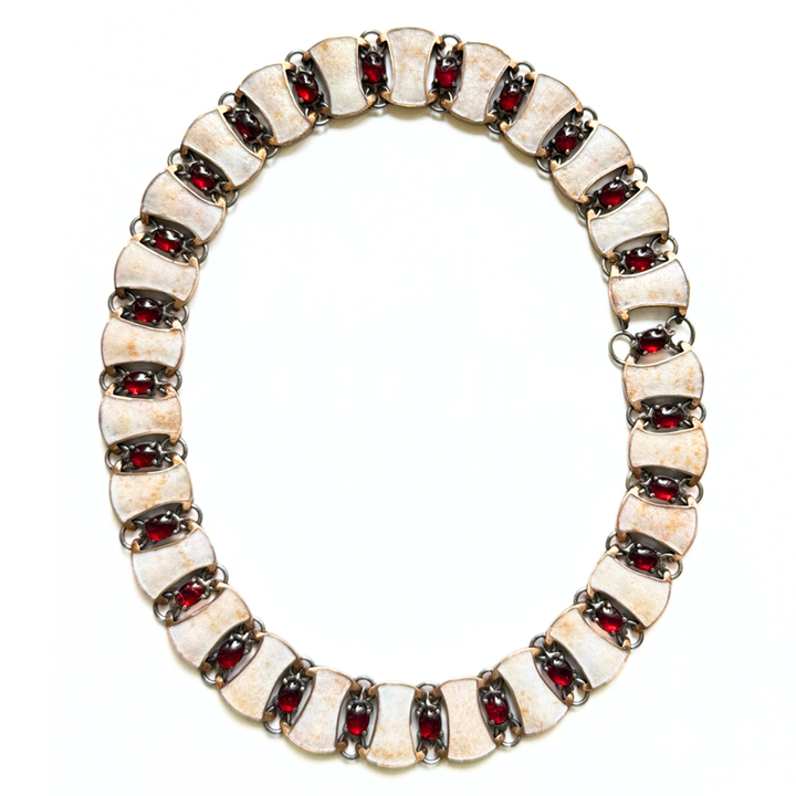 Garnet Cabochon & Enamel Collar Necklace - "Byzantine Links"