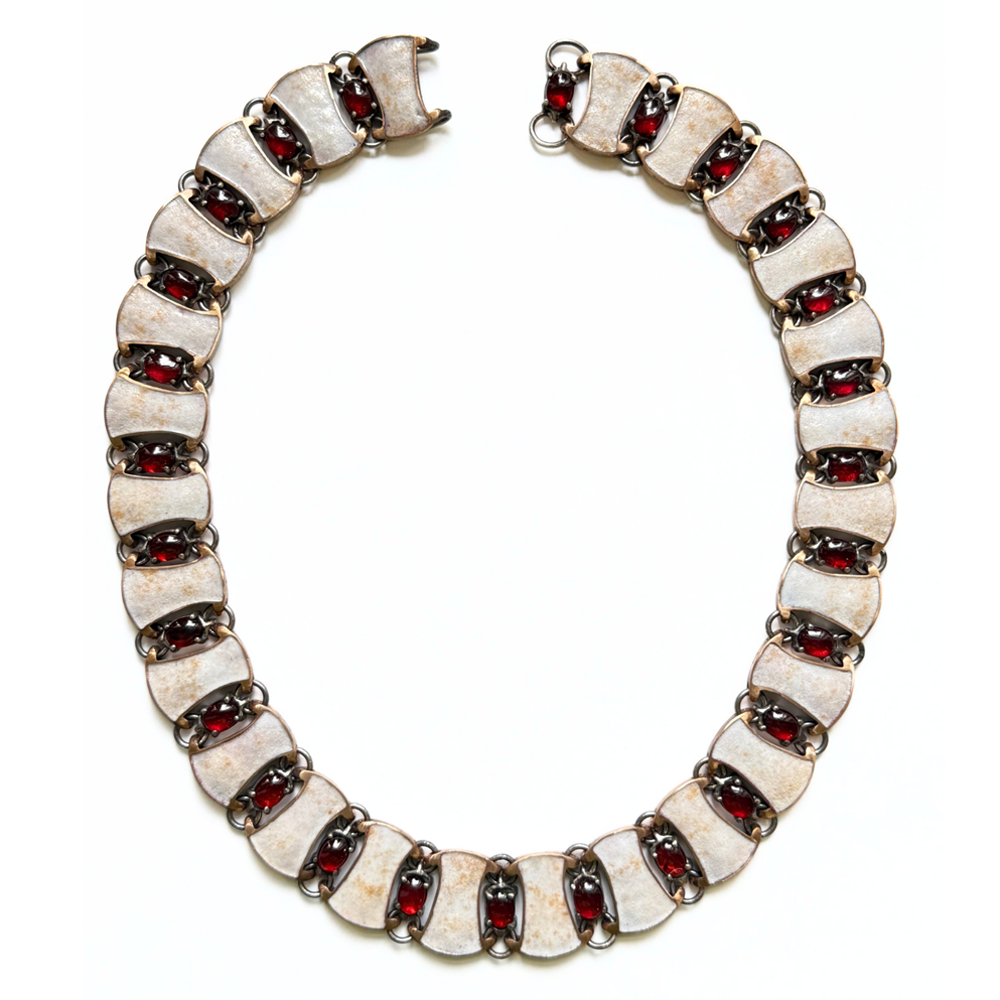 Garnet Cabochon & Enamel Collar Necklace - "Byzantine Links"