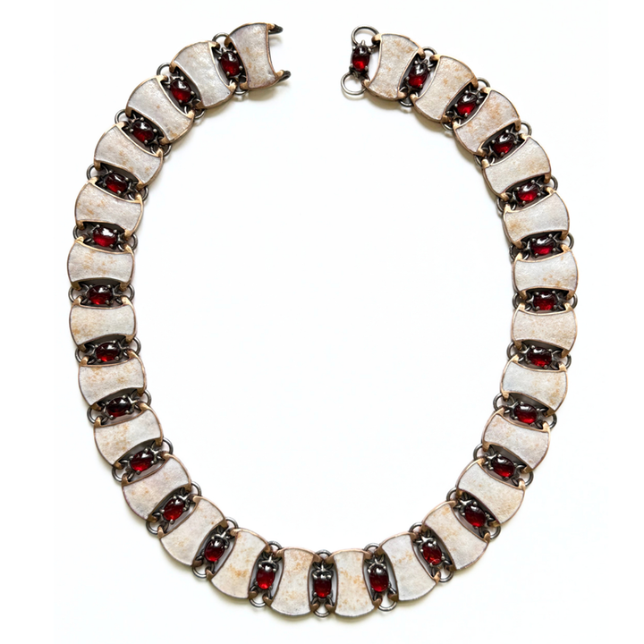 Garnet Cabochon & Enamel Collar Necklace - "Byzantine Links"