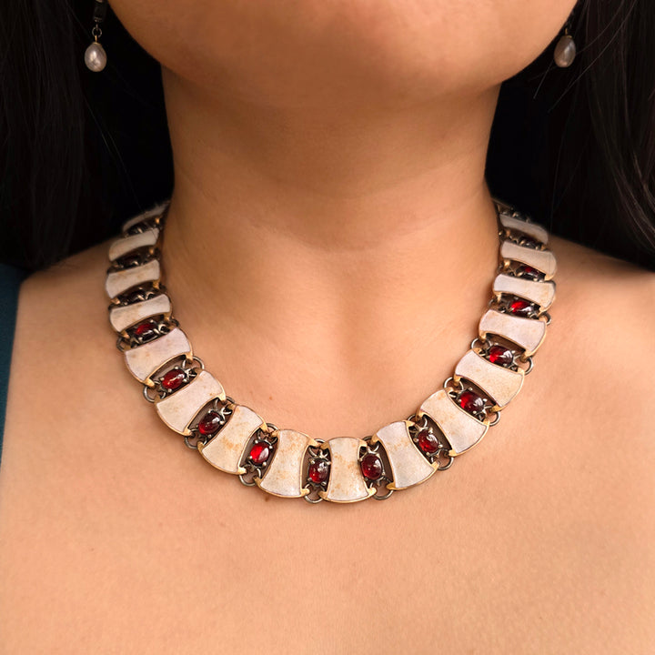 Garnet Cabochon & Enamel Collar Necklace - "Byzantine Links"