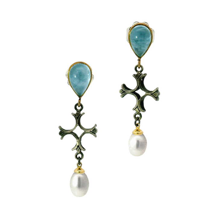 Aquamarine & Akoya Pearl Drop Earrings - "Aquitaine"