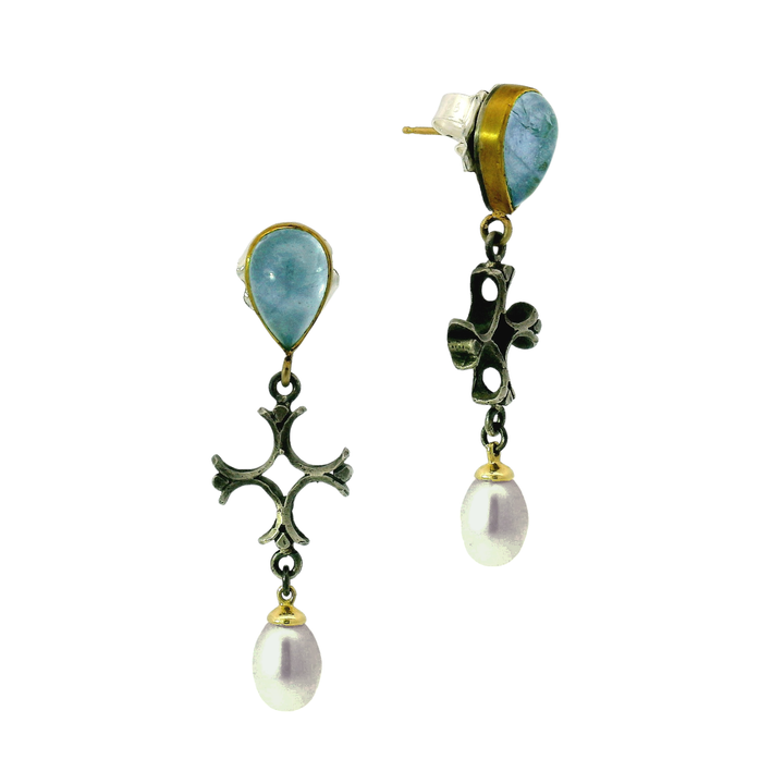 Aquamarine & Akoya Pearl Drop Earrings - "Aquitaine"