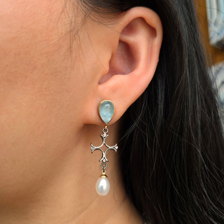 Aquamarine & Akoya Pearl Drop Earrings - "Aquitaine"