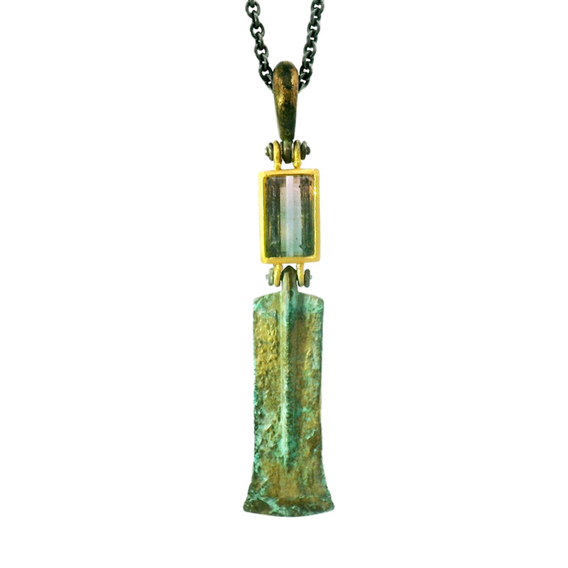 Parti Colored Tourmaline & Antiqued Bronze Drop Necklace - "Xiphos"