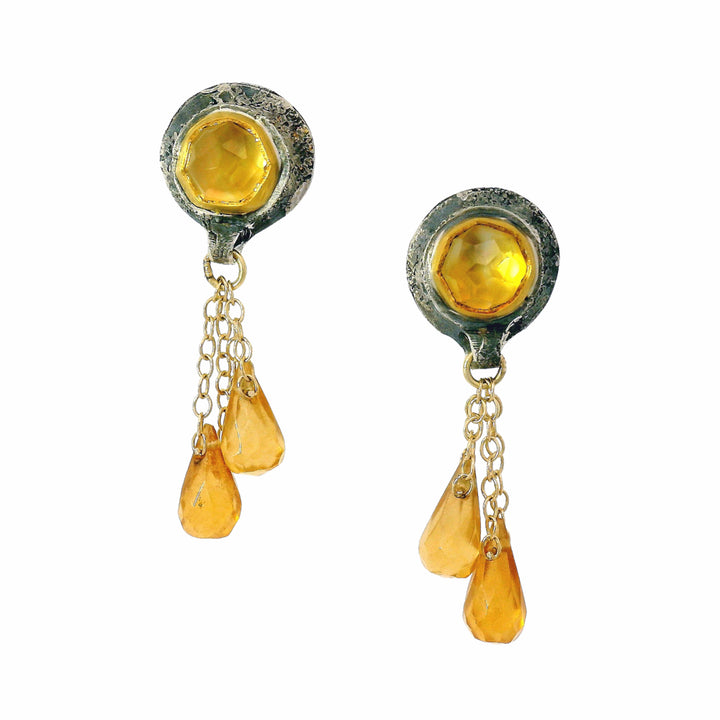 Oxidized sterling silver stud earrings with round brilliant citrine centers and gold chain citrine briolette drops, Michael Jensen Vetus collection