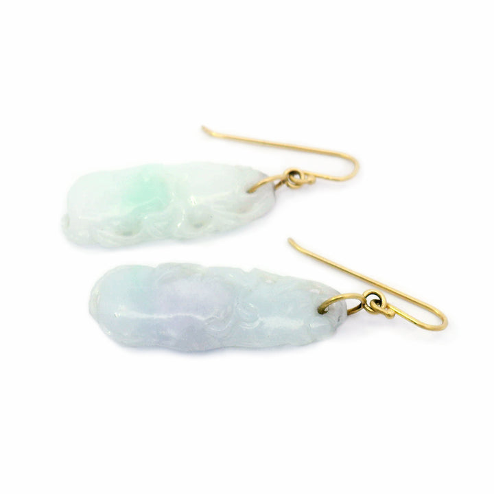 Hand-carved celadon jadeite earrings with simple gold earwires
