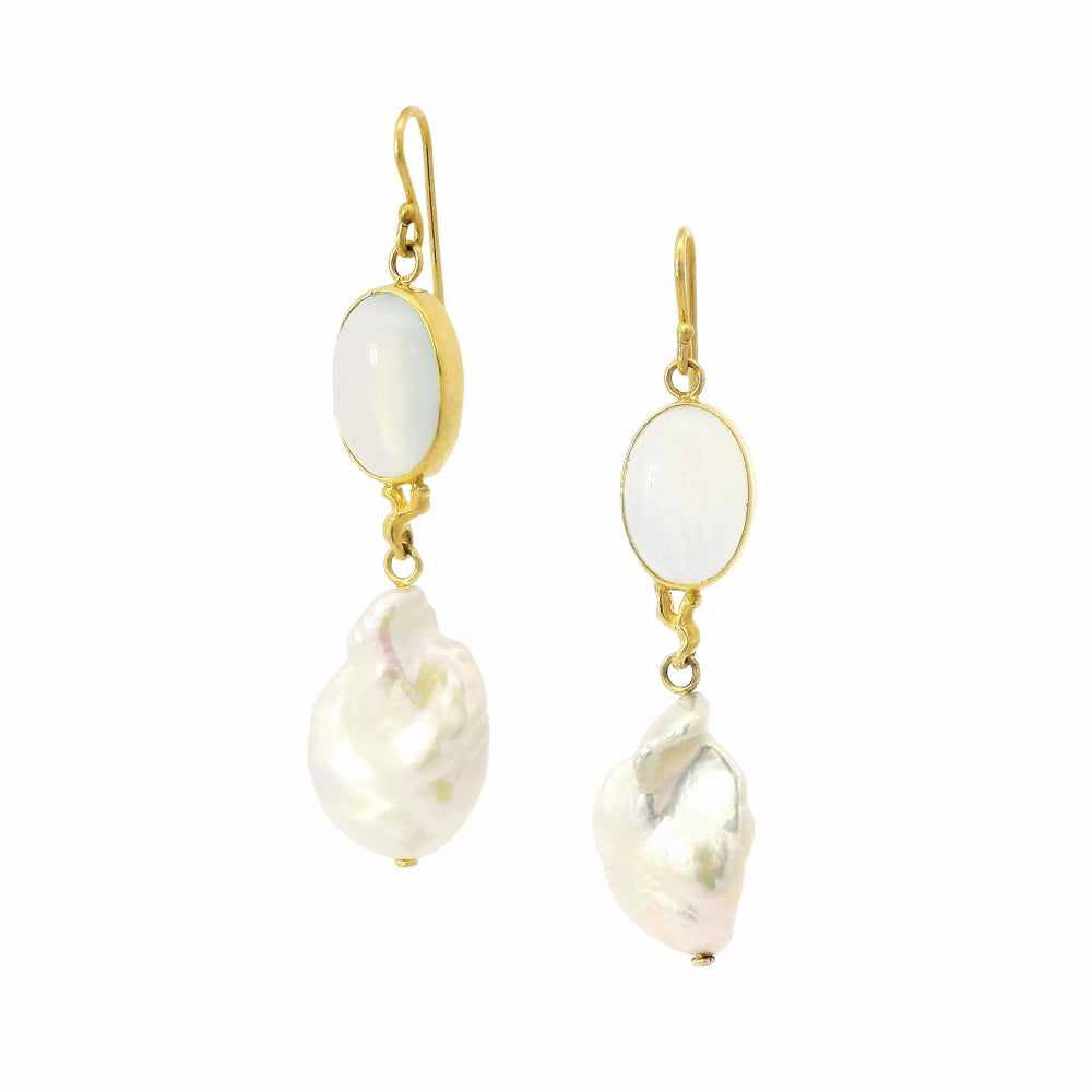 Organic Keshi pearl earrings with bezel-set oval chalcedony cabochon