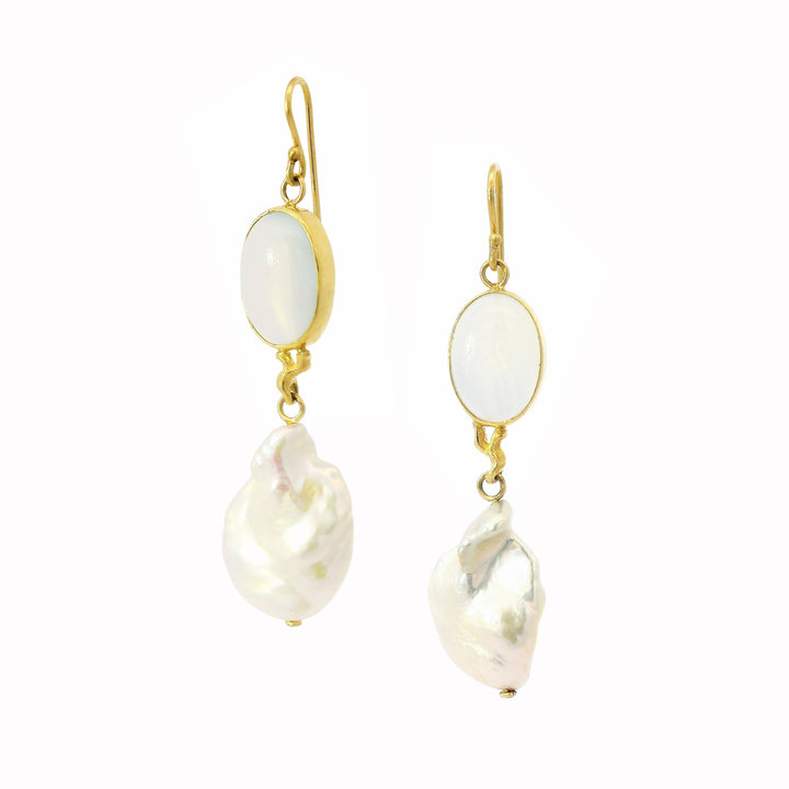 Organic Keshi pearl earrings with bezel-set oval chalcedony cabochon