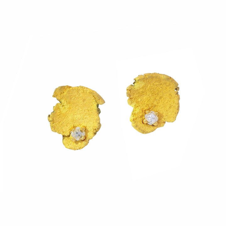 22K yellow gold freeform stud earrings with antique old mine-cut diamonds by Michael Jensen Designs
