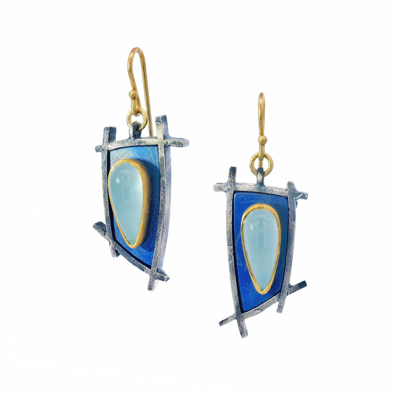 Aquamarine Shoji Drop Earrings in Gold & Titanium - "Aquamarine Shoji"