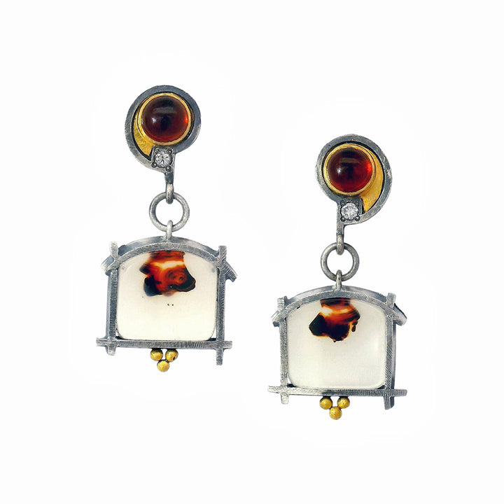Asymmetrical Montana agate drop earrings with citrine and diamond accents, Alara Jewelry Bozeman