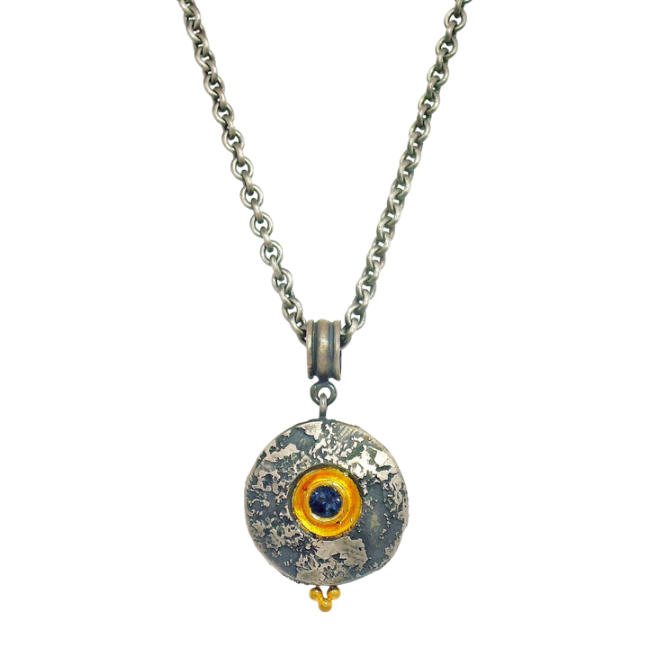 Deep Blue Montana Sapphire, Silver & Gold Necklace - "Mini Maru"