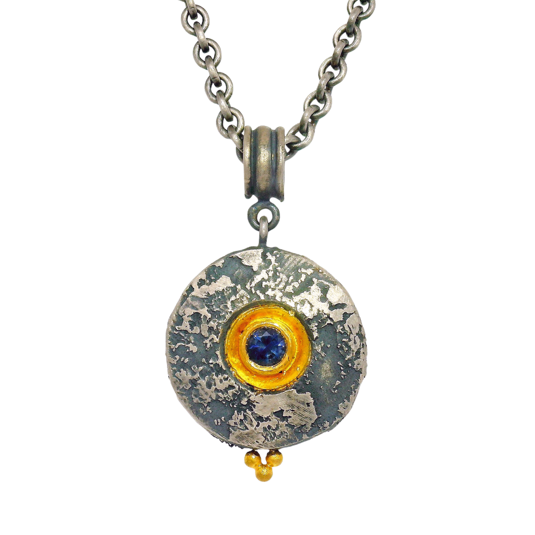 Deep Blue Montana Sapphire, Silver & Gold Necklace - "Mini Maru"