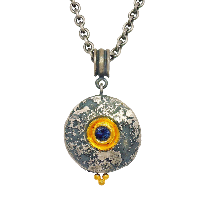Deep Blue Montana Sapphire, Silver & Gold Necklace - "Mini Maru"