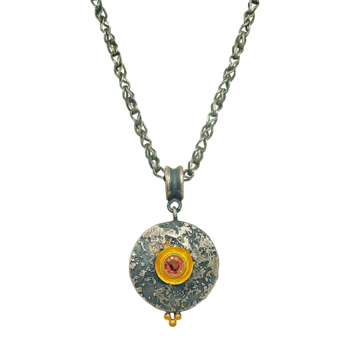 Orange Montana Sapphire, Silver & Gold Necklace - "Mini Maru"