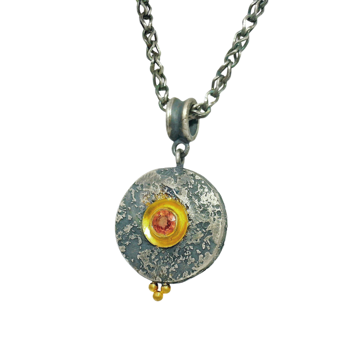 Orange Montana Sapphire, Silver & Gold Necklace - "Mini Maru"