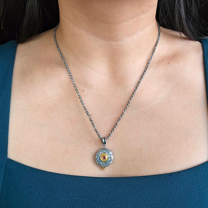 Orange Montana Sapphire, Silver & Gold Necklace - "Mini Maru"