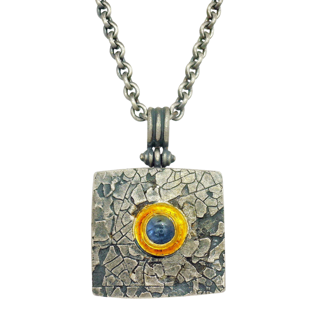 Blue Montana Sapphire, Silver & Gold Necklace - "Mini Square"